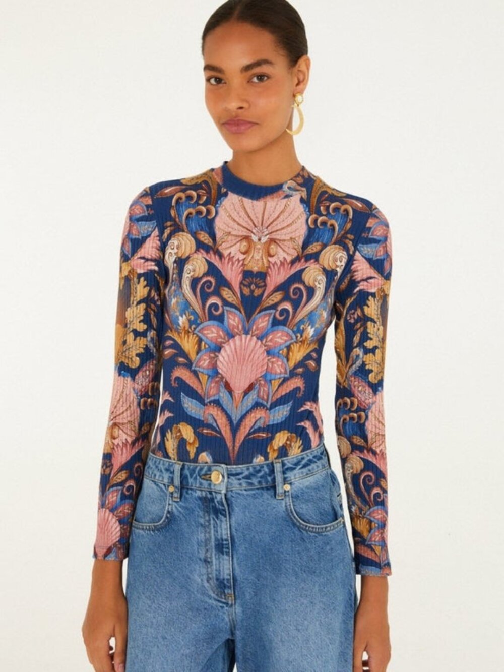 Farm Rio Boho Beauty Tropical Floral Bodysuit Long Sleeves Size XL Multicolor